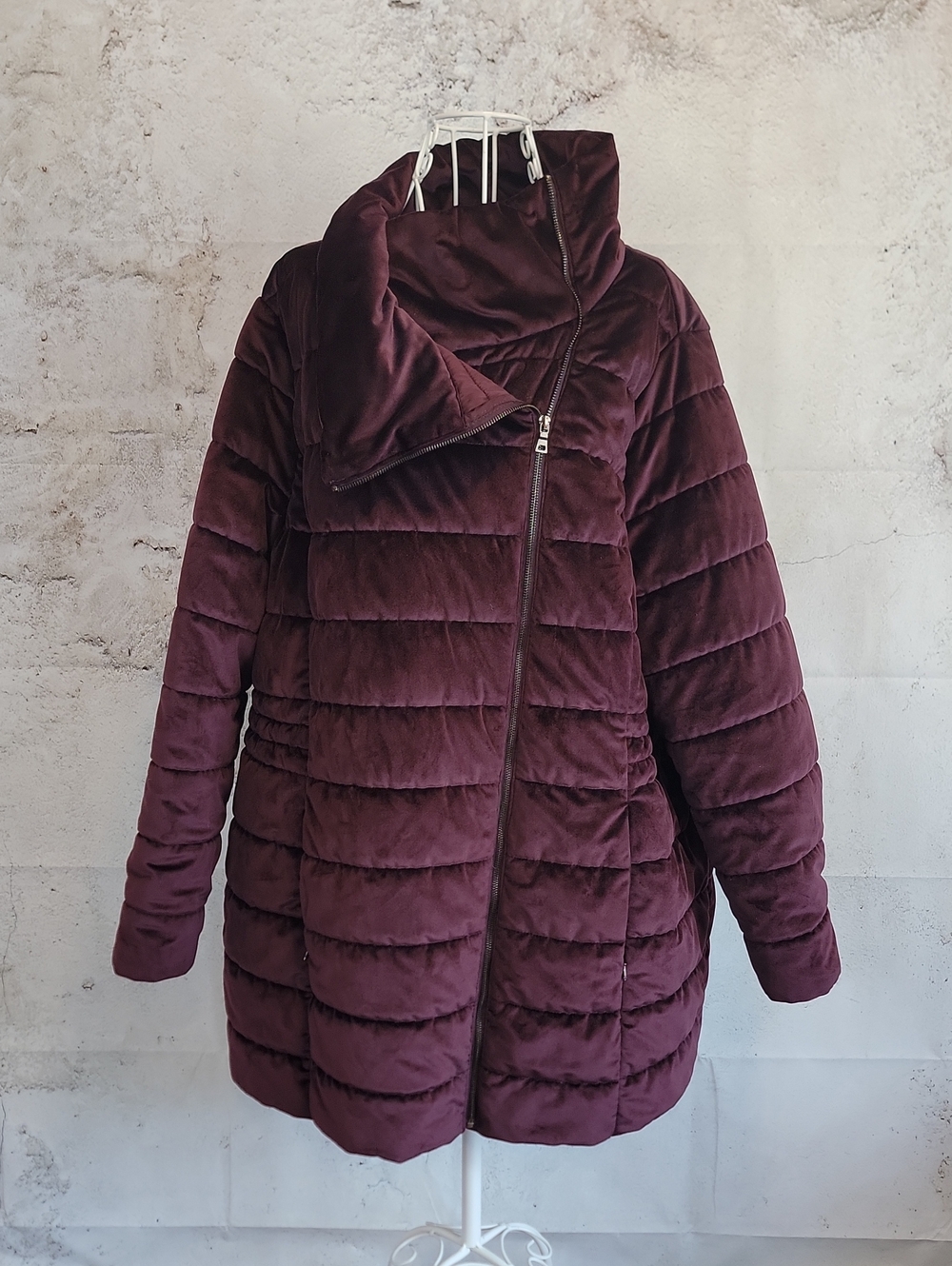 Mo-Ka Quilted Velvet Puffer Long Coat - Burgundy Womens Size 2X